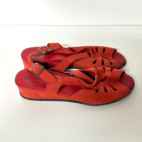 Arche Open Toe Slingback Wedge Red Sandals Size 40 - Picture 2 of 13